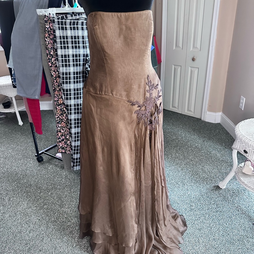 Yoly Munoz Strapless Brown Embroidered Silk Evening Gown